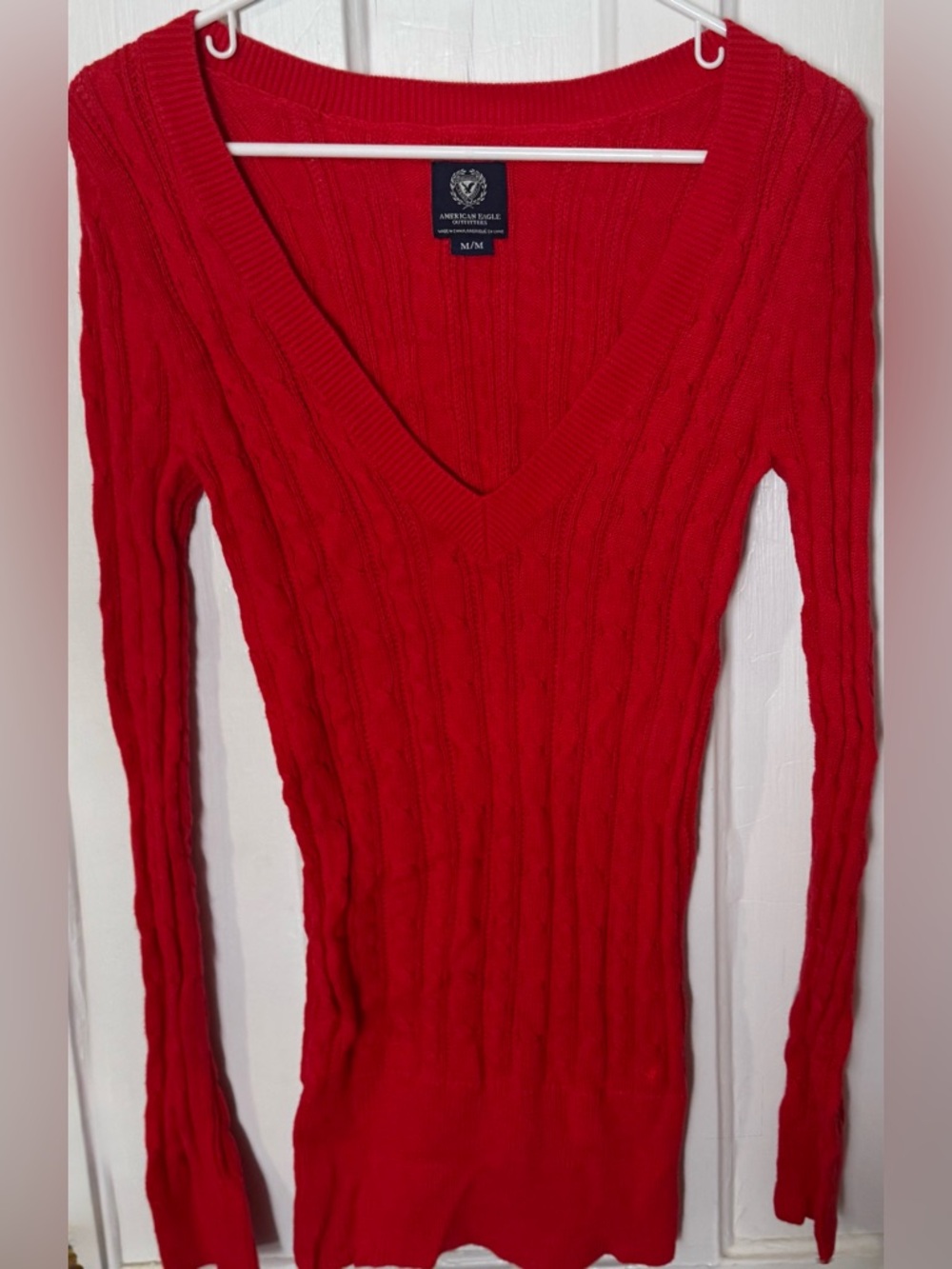 American Eagle y2k red cable knit v-neck sweater.